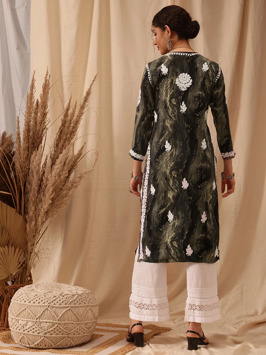 Ada Hand Embroidered Olive Green Rayon Lucknowi Chikankari Straight Kurta A411663