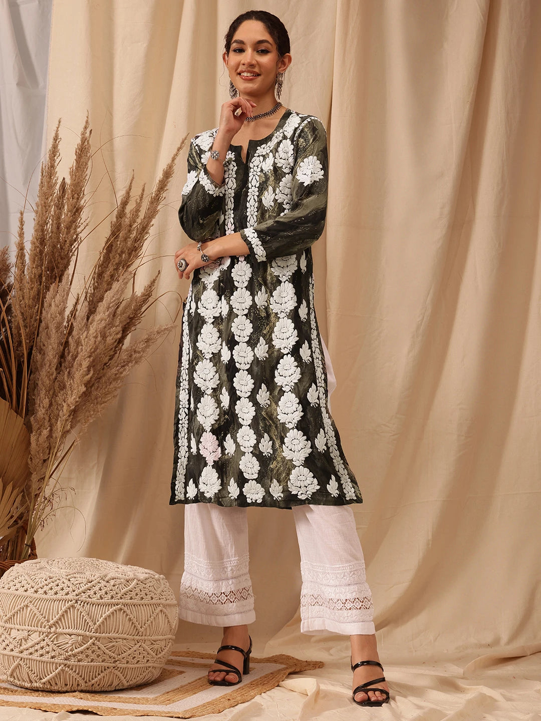 Ada Hand Embroidered Olive Green Rayon Lucknowi Chikankari Straight Kurta A411663