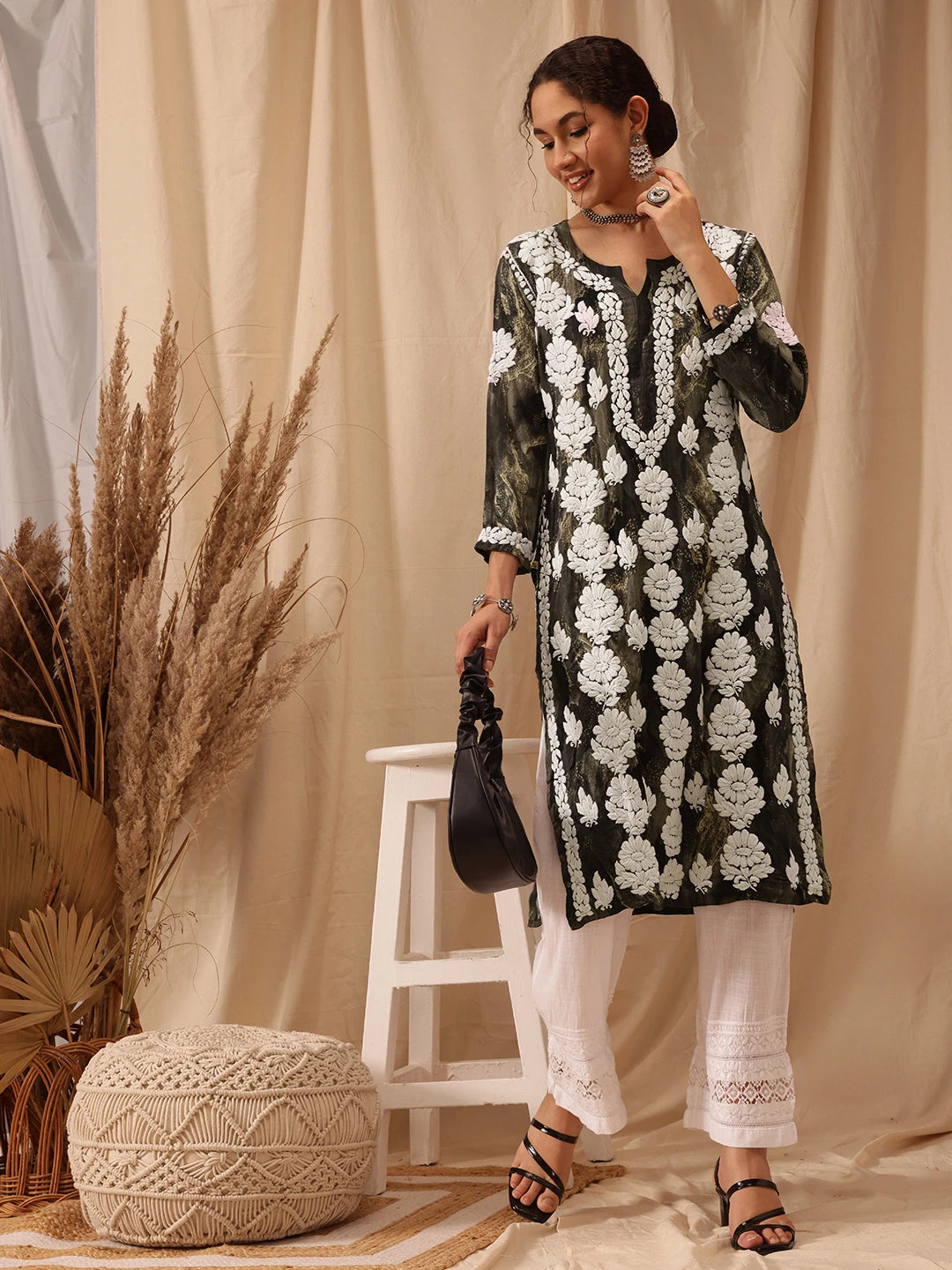 Ada Hand Embroidered Olive Green Rayon Lucknowi Chikankari Straight Kurta A411663