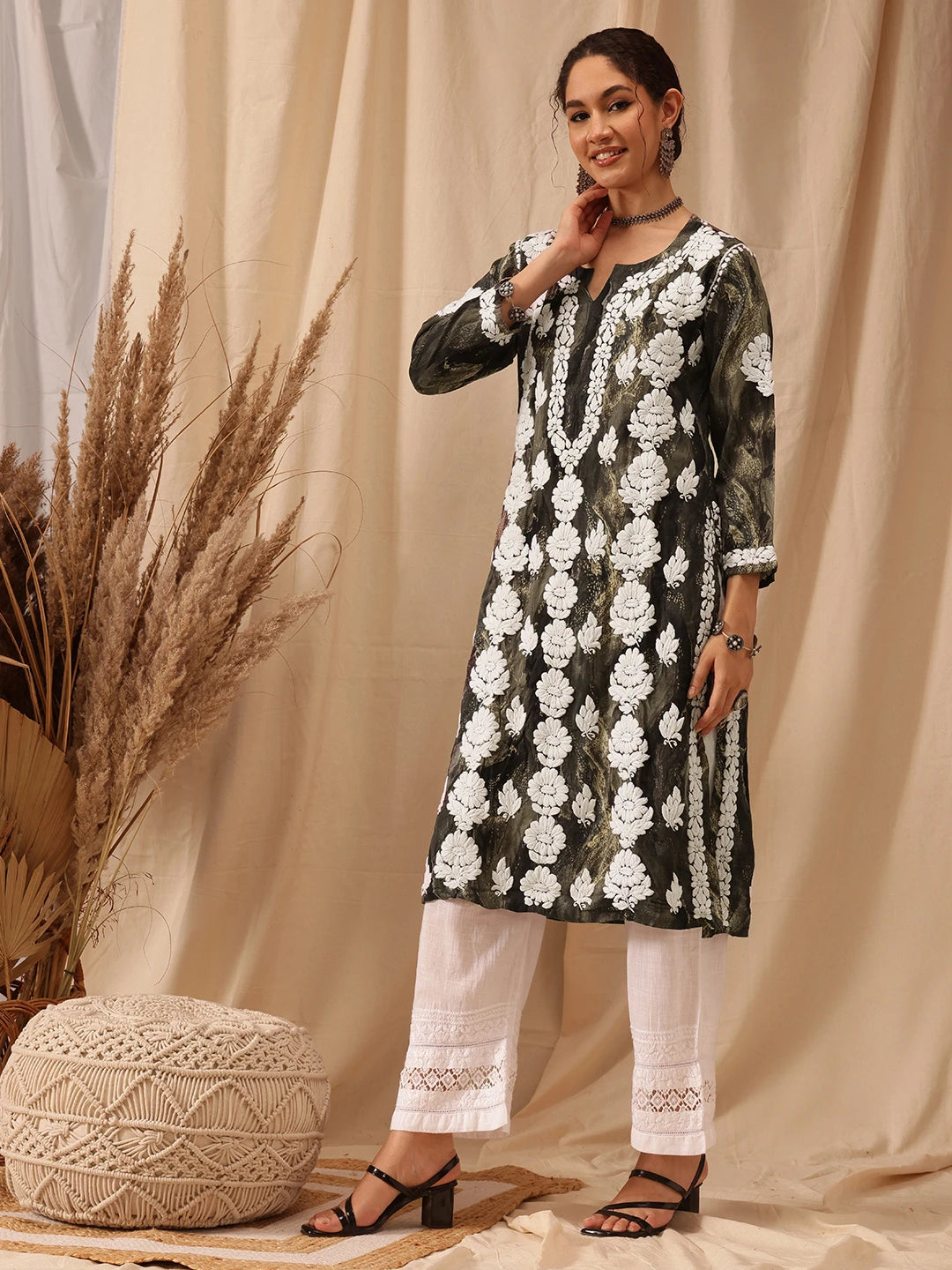 Ada Hand Embroidered Olive Green Rayon Lucknowi Chikankari Straight Kurta A411663