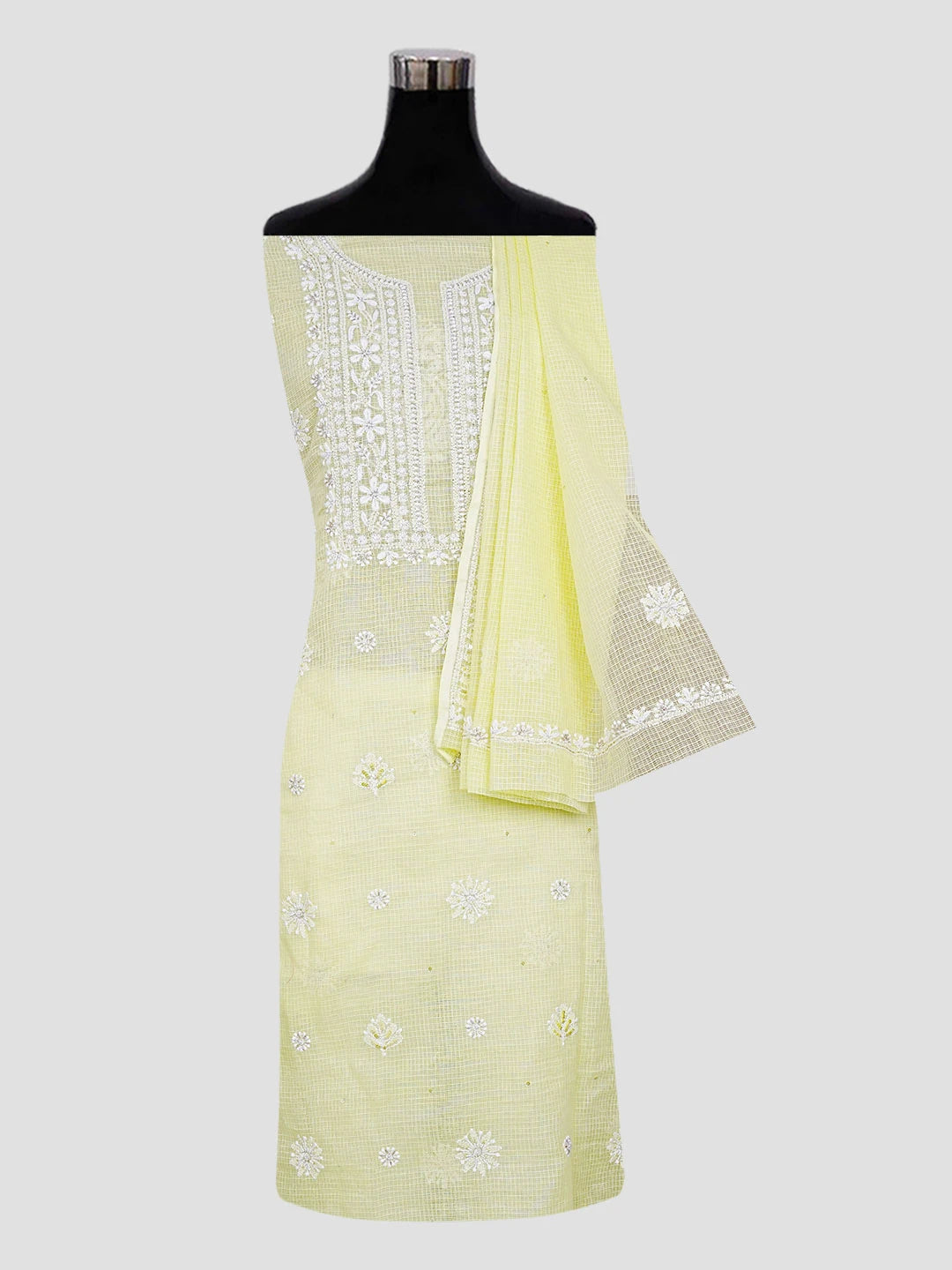Ada Hand Embroidered Lemon Kota Lucknowi Chikankari Unstitched Kurta Dupatta Set With Cutdana Work 01A574070