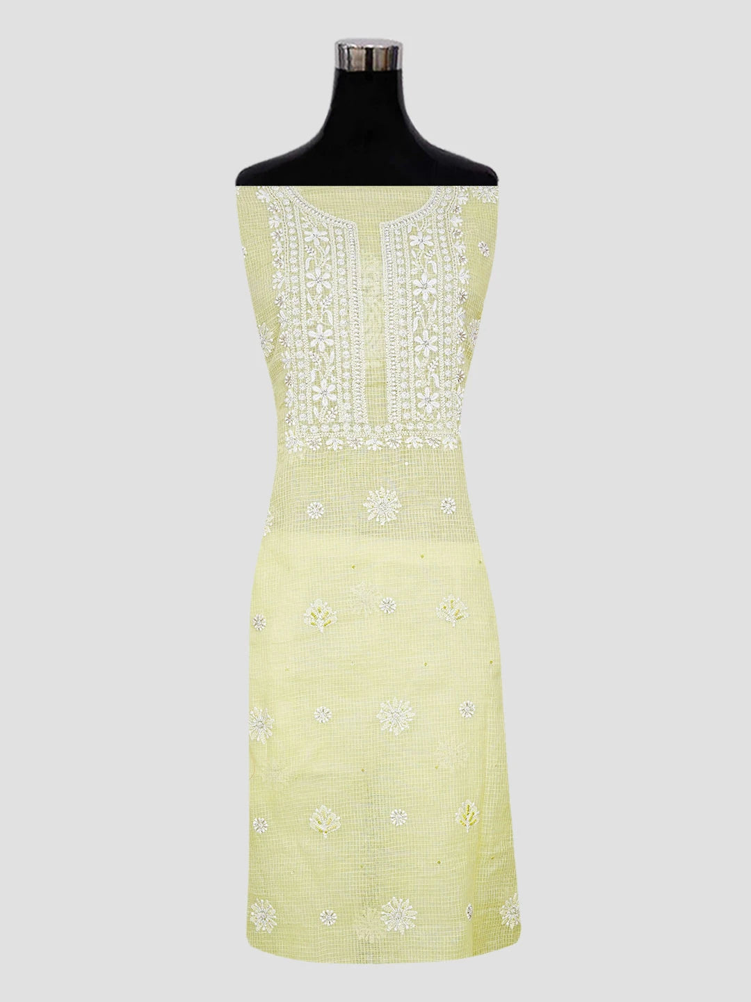Ada Hand Embroidered Lemon Kota Lucknowi Chikankari Unstitched Kurta Dupatta Set With Cutdana Work 01A574070