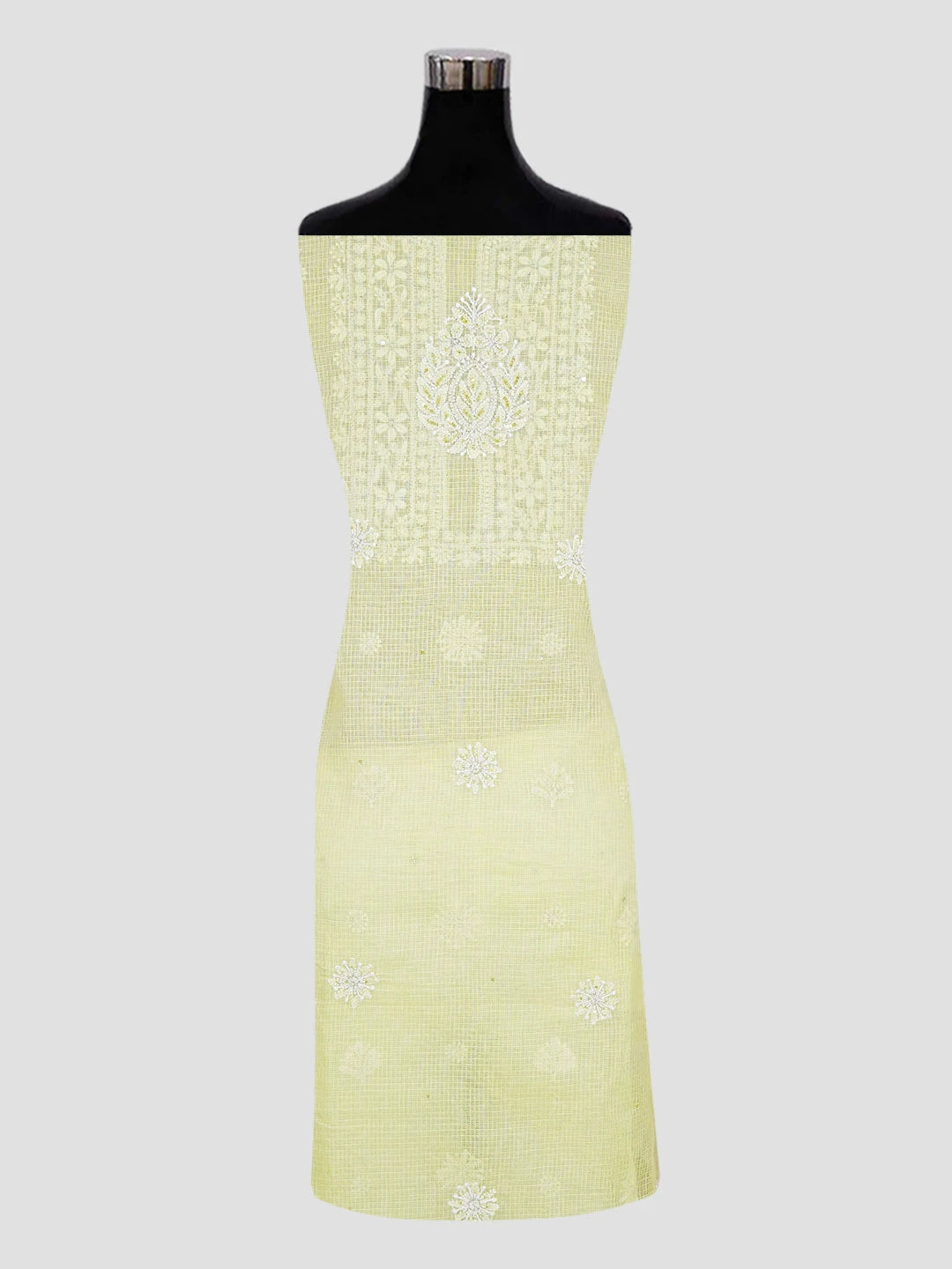 Ada Hand Embroidered Lemon Kota Lucknowi Chikankari Unstitched Kurta Dupatta Set With Cutdana Work 01A574070