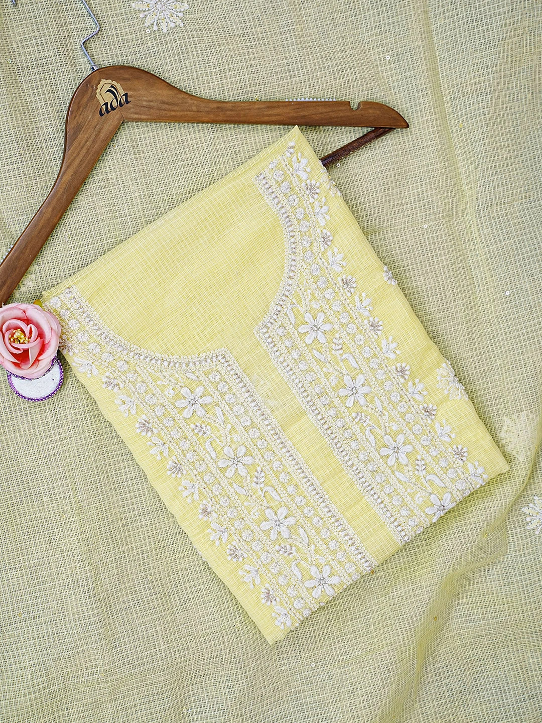 Ada Hand Embroidered Lemon Kota Lucknowi Chikankari Unstitched Kurta Dupatta Set With Cutdana Work 01A574070