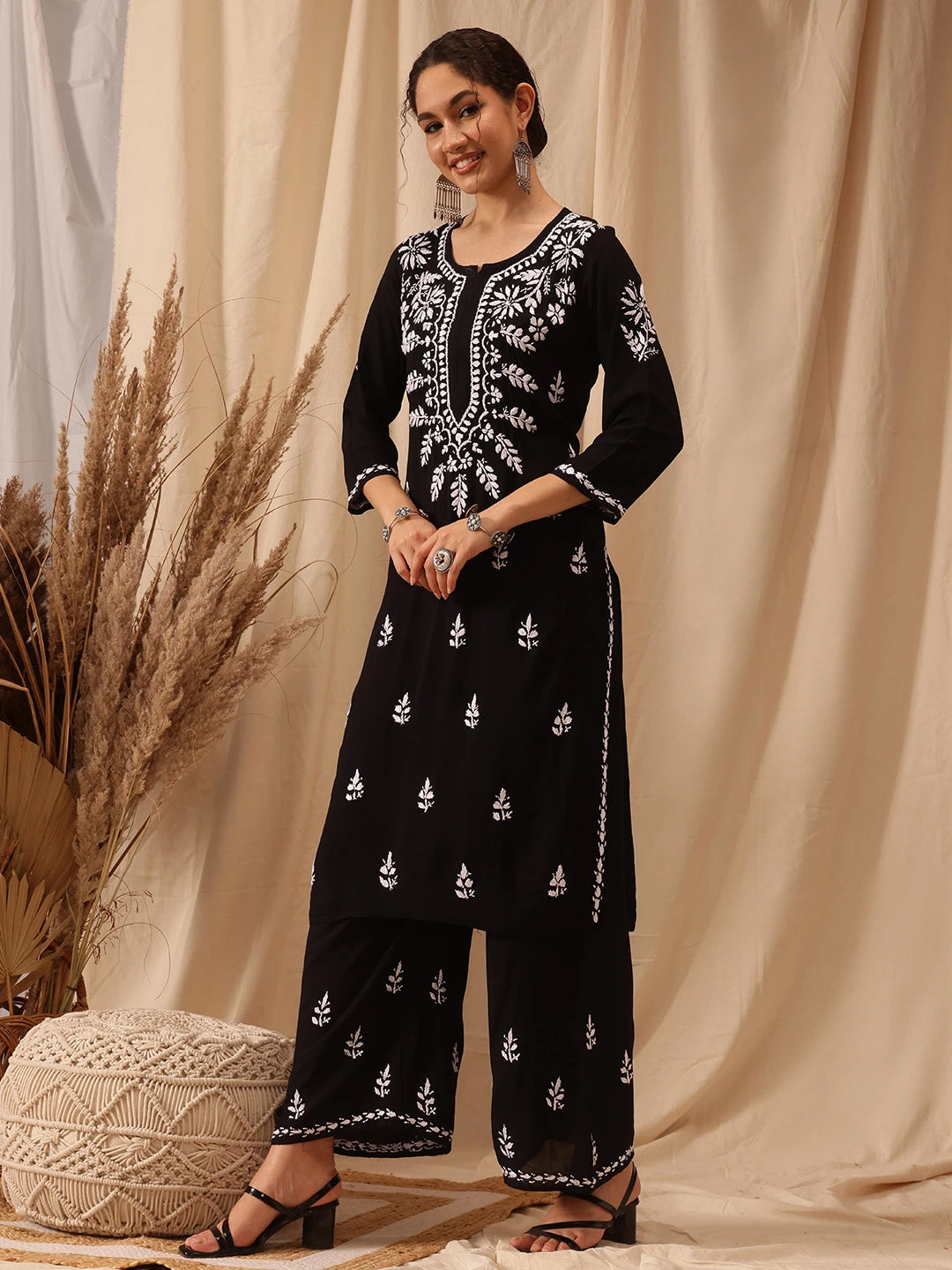 Ada Hand Embroidered Black Modal Lucknowi Chikankari Co-ord Set A811272