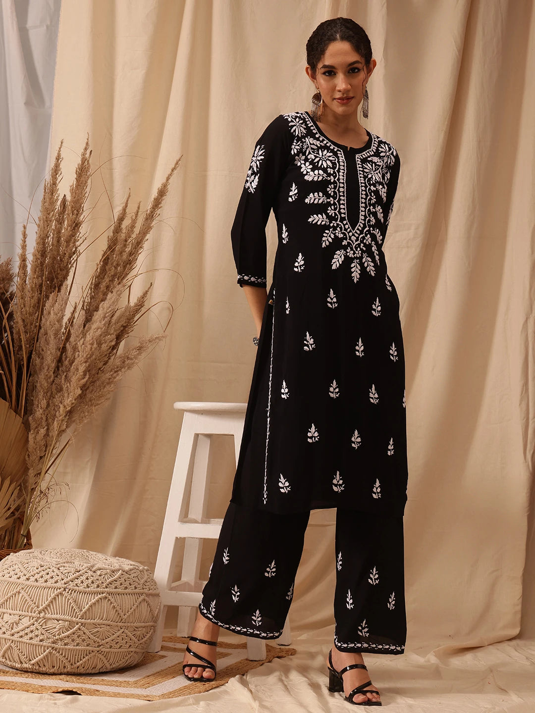 Ada Hand Embroidered Black Modal Lucknowi Chikankari Co-ord Set A811272