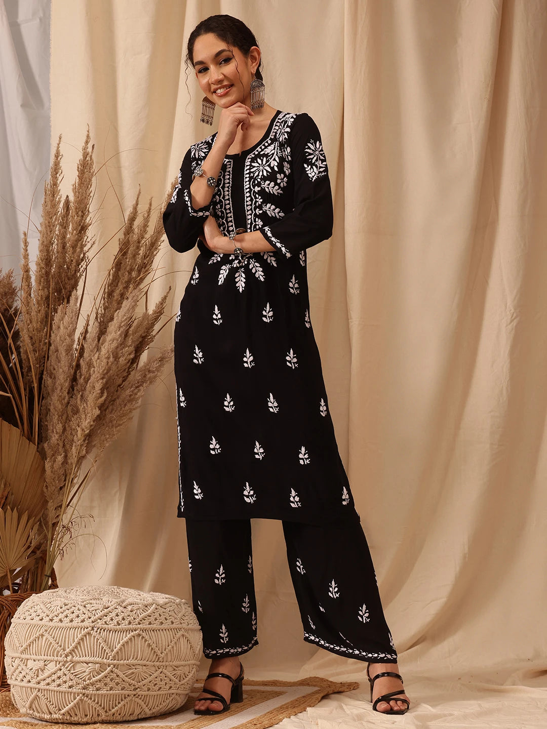 Ada Hand Embroidered Black Modal Lucknowi Chikankari Co-ord Set A811272
