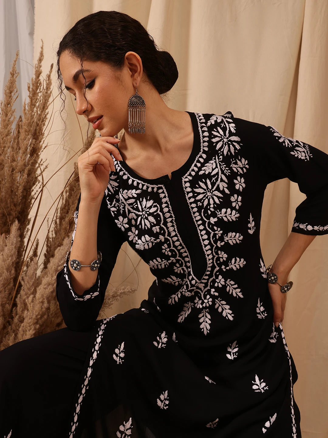 Ada Hand Embroidered Black Modal Lucknowi Chikankari Co-ord Set A811272