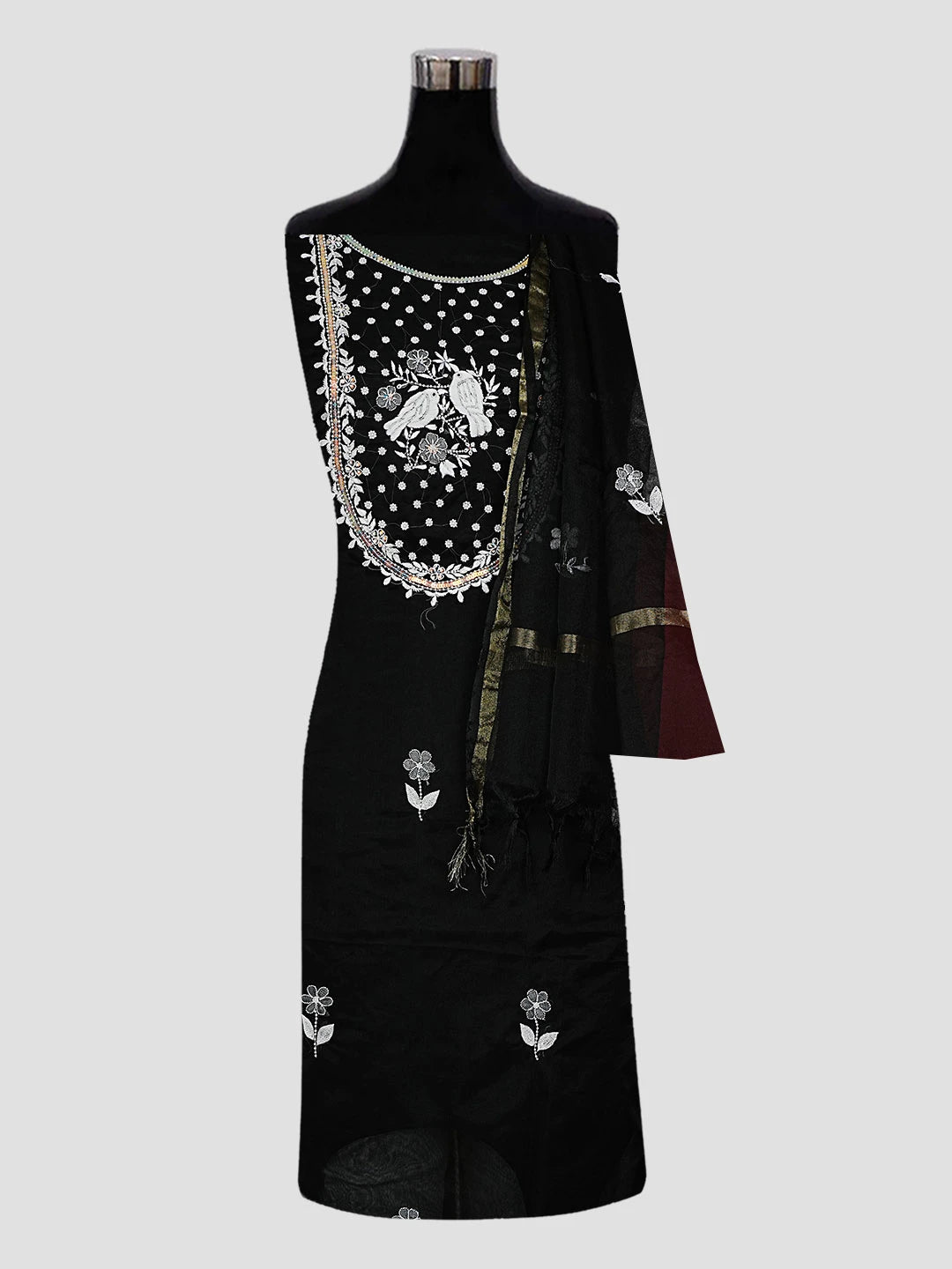 Ada Hand Embroidered Black Organza Lucknowi Chikankari Unstitched Kurta Dupatta Set With Pearl Work 01A582326
