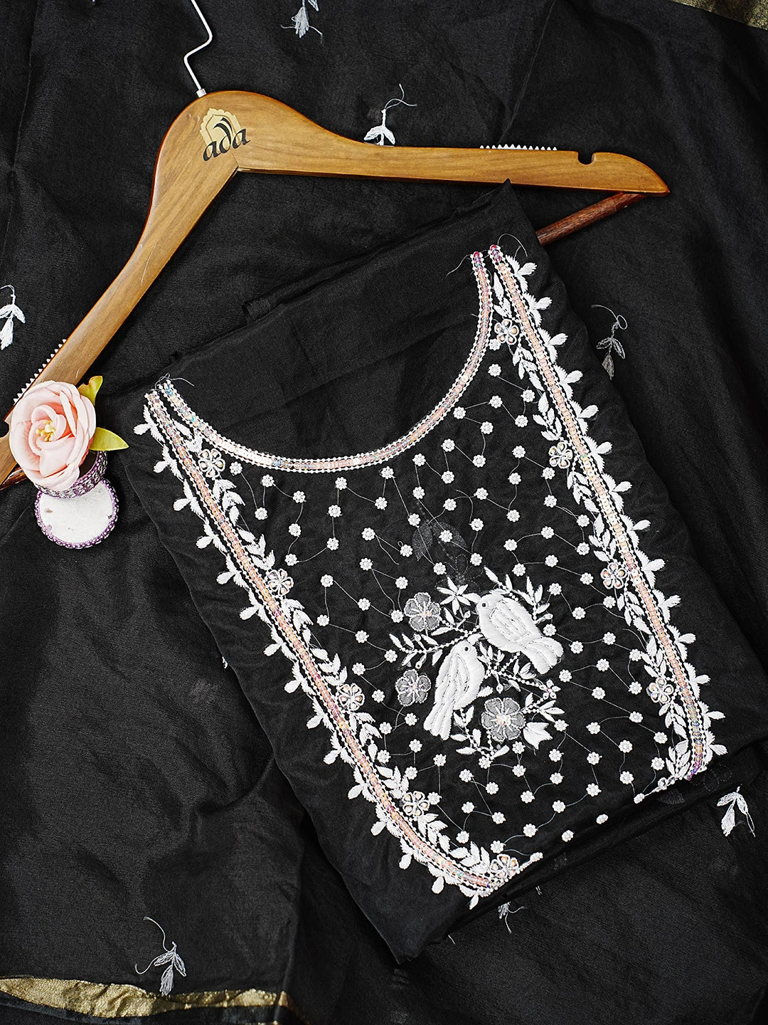 Ada Hand Embroidered Black Organza Lucknowi Chikankari Unstitched Kurta Dupatta Set With Pearl Work 01A582326