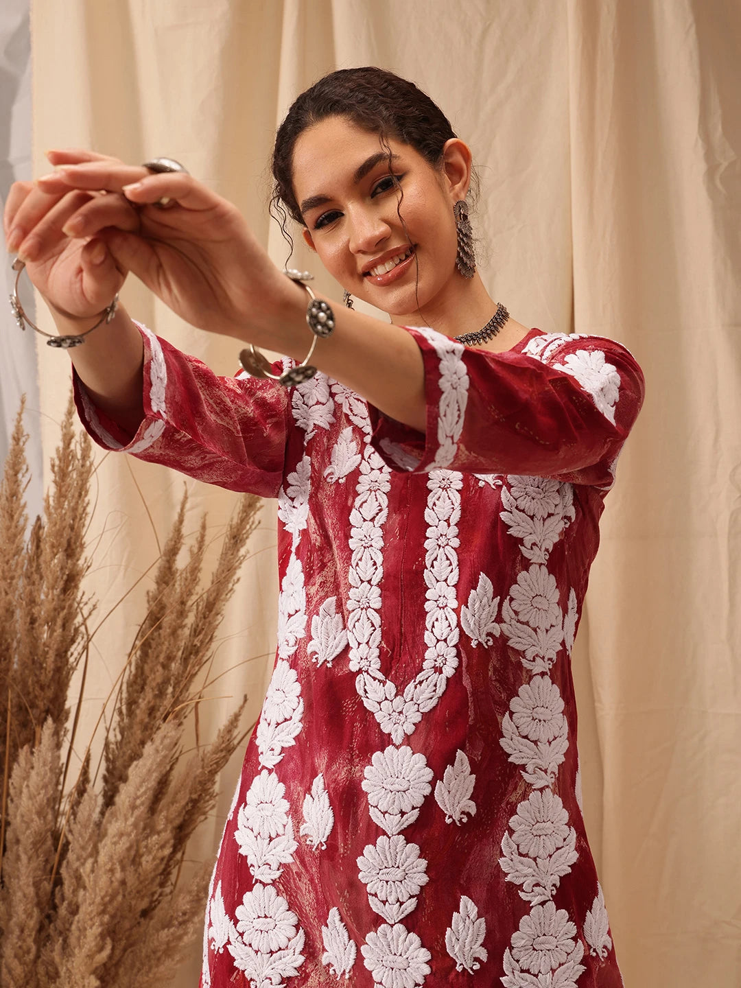 Ada Hand Embroidered Red Rayon Lucknowi Chikankari Straight Kurta A411660