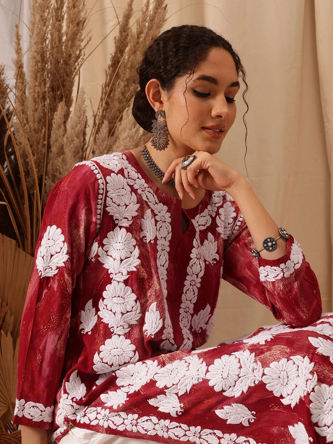 Ada Hand Embroidered Red Rayon Lucknowi Chikankari Straight Kurta A411660