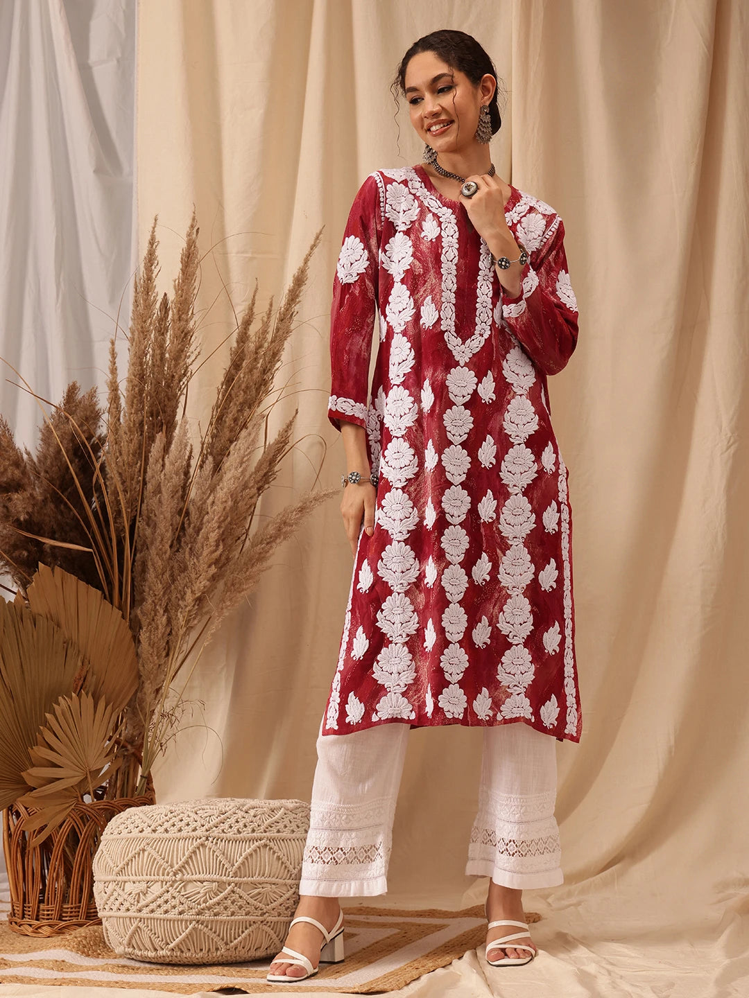 Ada Hand Embroidered Red Rayon Lucknowi Chikankari Straight Kurta A411660