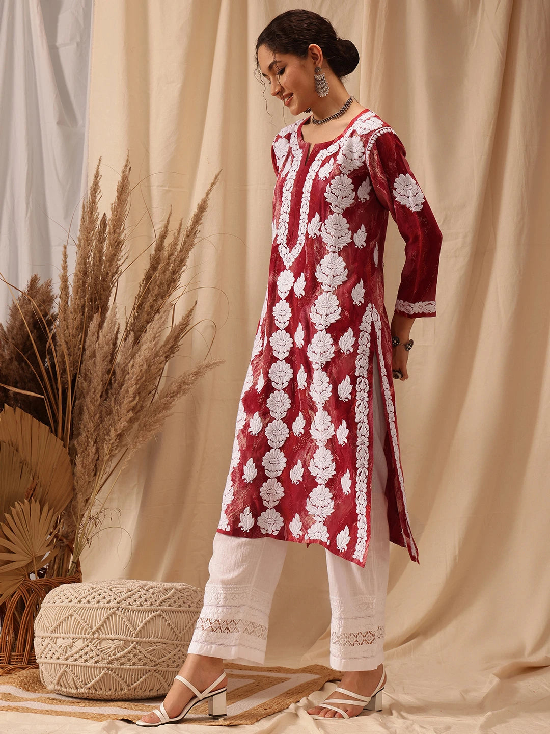 Ada Hand Embroidered Red Rayon Lucknowi Chikankari Straight Kurta A411660