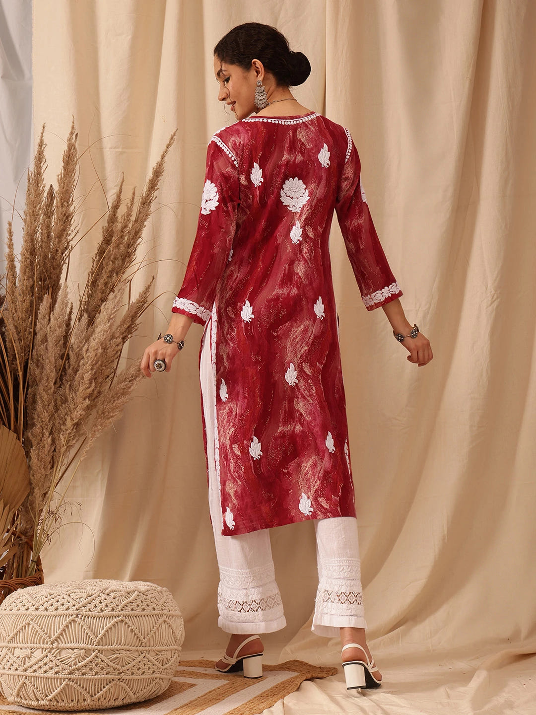 Ada Hand Embroidered Red Rayon Lucknowi Chikankari Straight Kurta A411660