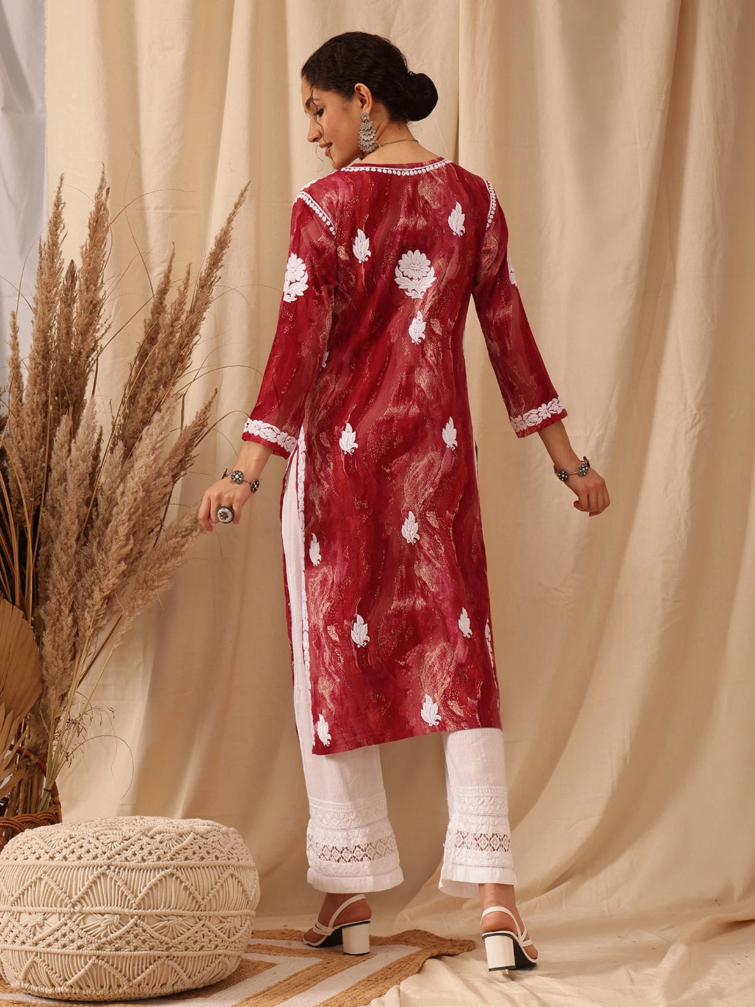 Ada Hand Embroidered Red Rayon Lucknowi Chikankari Straight Kurta A411660