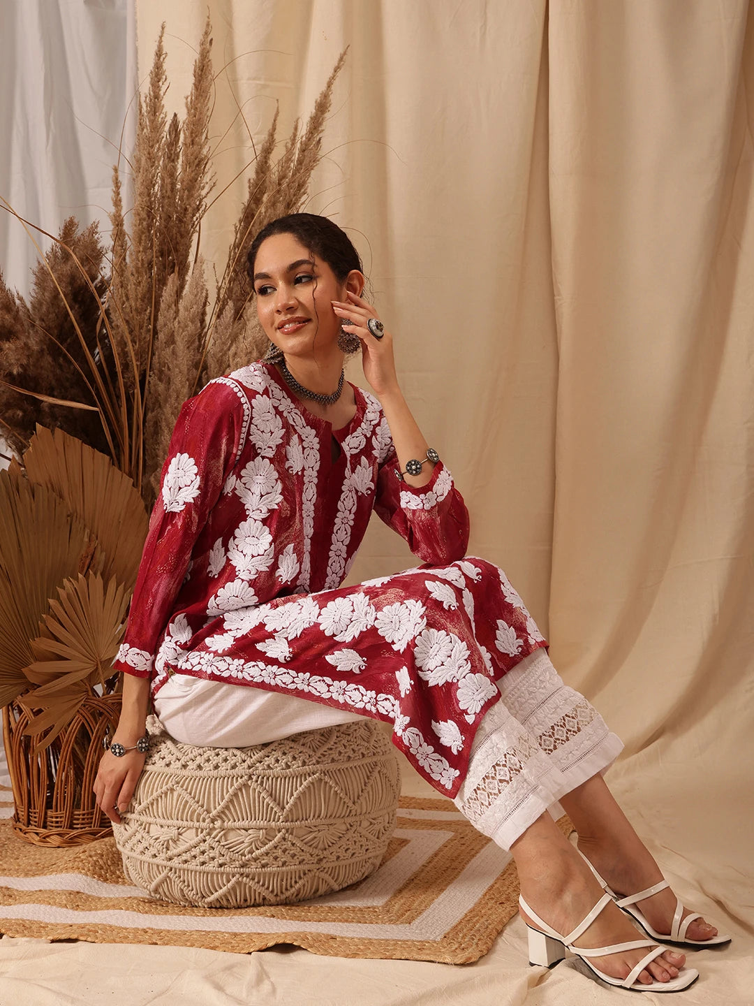 Ada Hand Embroidered Red Rayon Lucknowi Chikankari Straight Kurta A411660