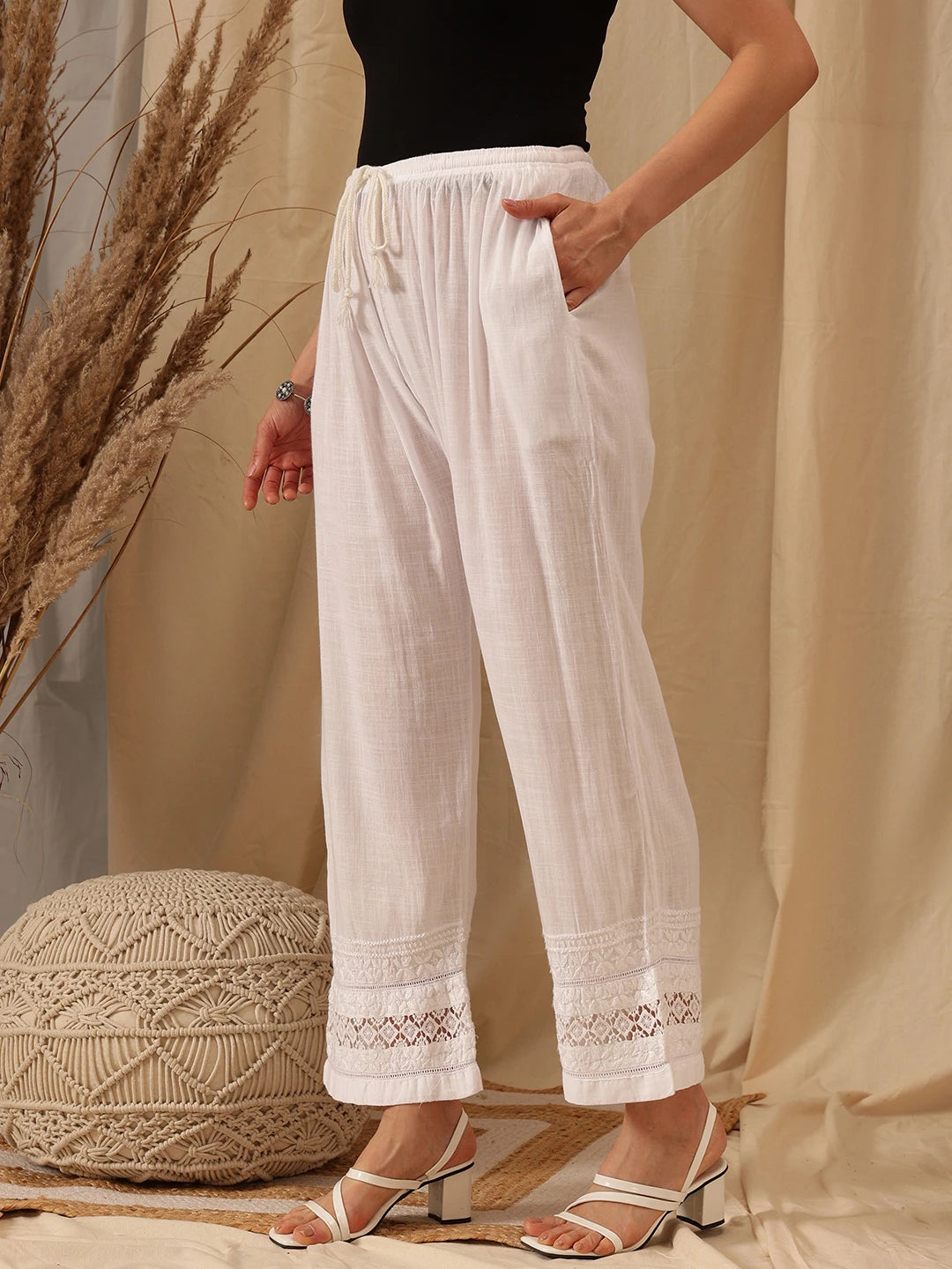 Ada Hand Embroidered White Cotton Lucknowi Chikankari Palazzo A711181