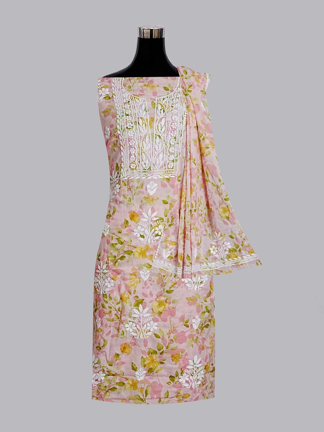 Ada Hand Embroidered Pink Floral Printed Cotton Chikankari Unstitched Kurta Dupatta Set 01A603435