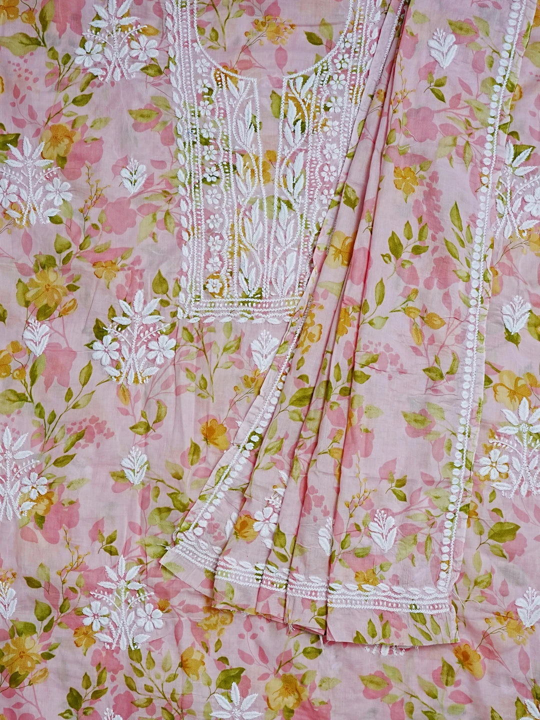 Ada Hand Embroidered Pink Floral Printed Cotton Chikankari Unstitched Kurta Dupatta Set 01A603435