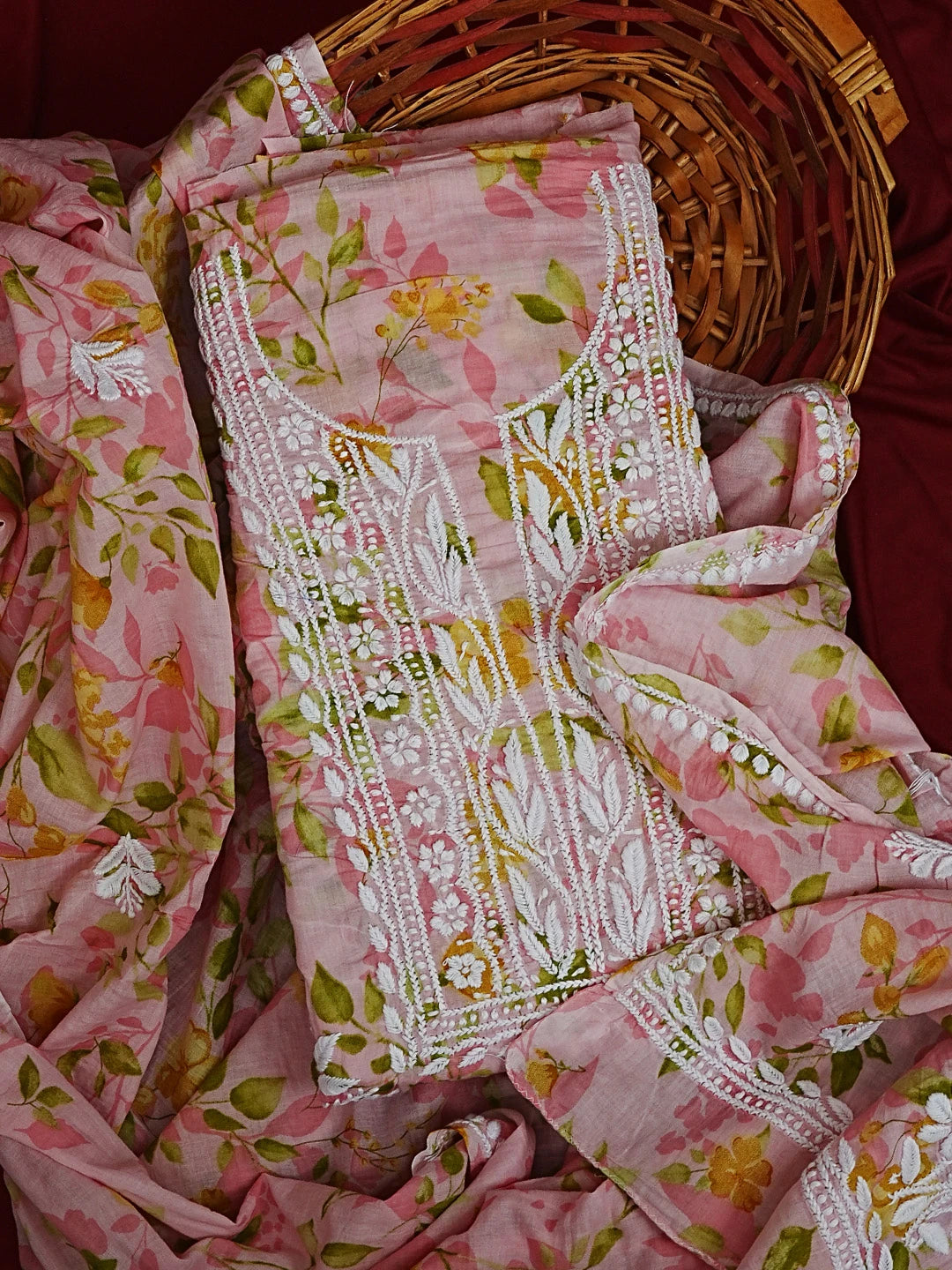 Ada Hand Embroidered Pink Floral Printed Cotton Chikankari Unstitched Kurta Dupatta Set 01A603435
