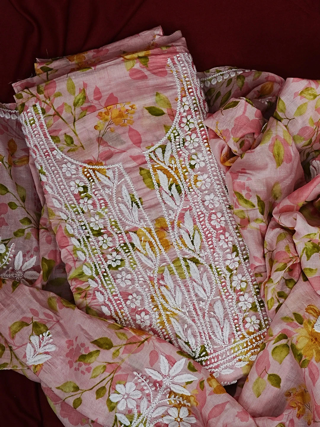 Ada Hand Embroidered Pink Floral Printed Cotton Chikankari Unstitched Kurta Dupatta Set 01A603435