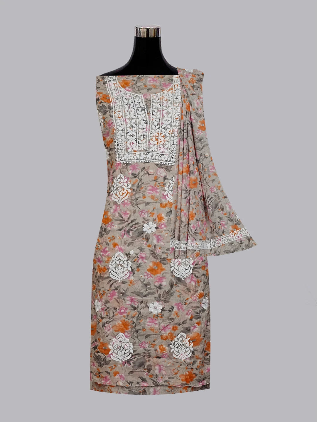 Ada Hand Embroidered Grey Floral Printed Cotton Chikankari Unstitched Kurta Dupatta Set 01A603416