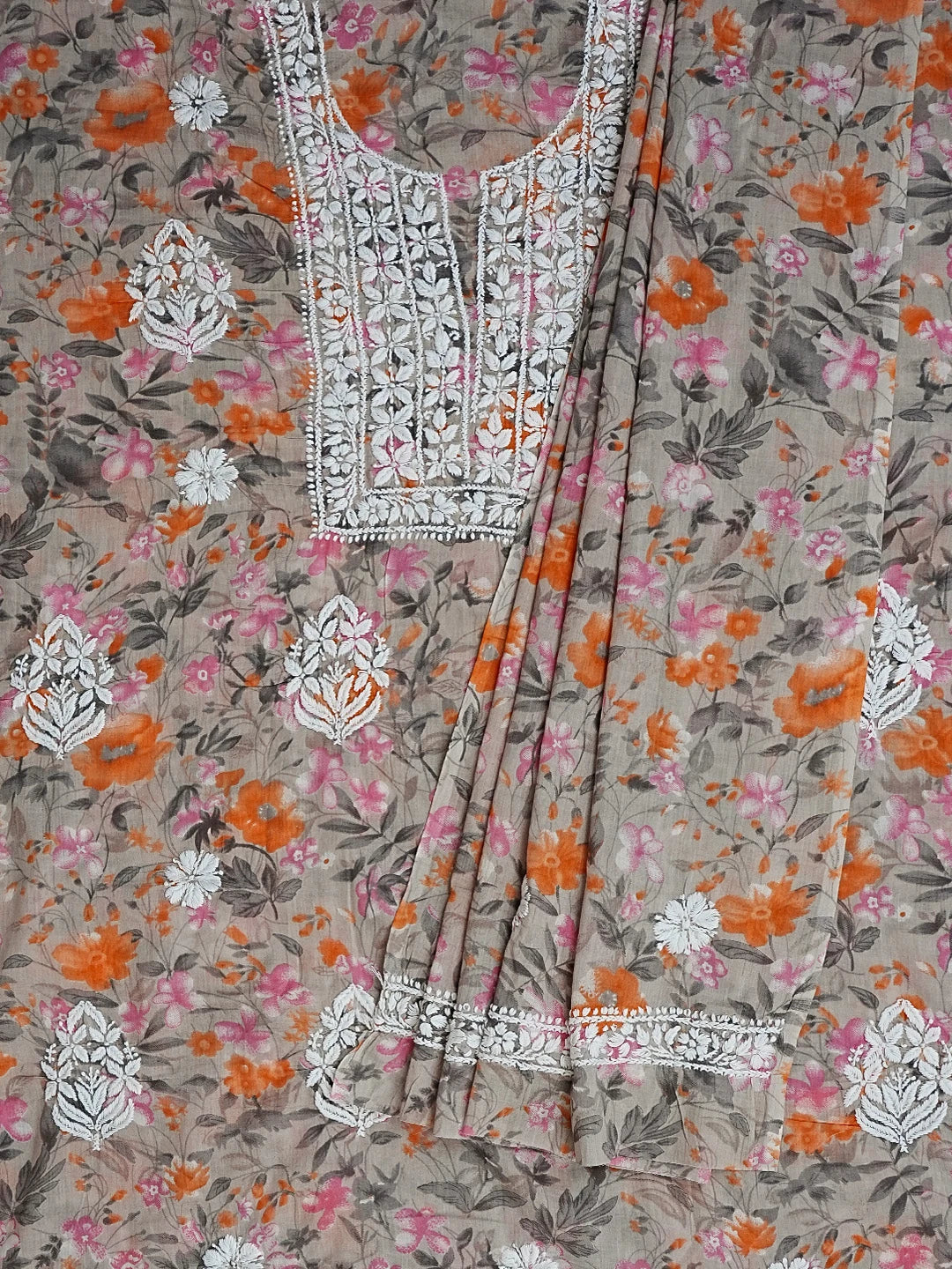 Ada Hand Embroidered Grey Floral Printed Cotton Chikankari Unstitched Kurta Dupatta Set 01A603416