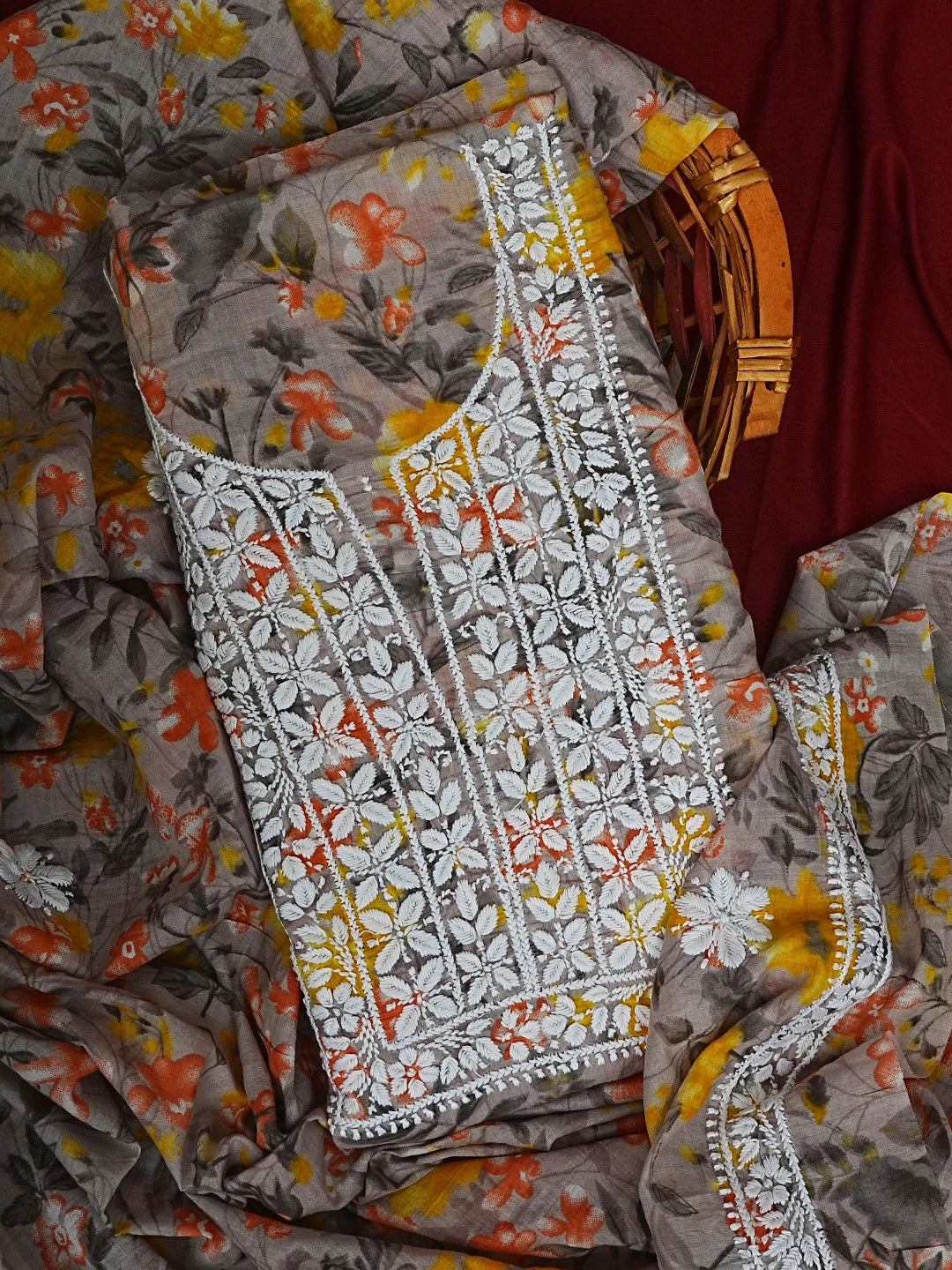 Ada Hand Embroidered Grey Floral Printed Cotton Chikankari Unstitched Kurta Dupatta Set 01A603416