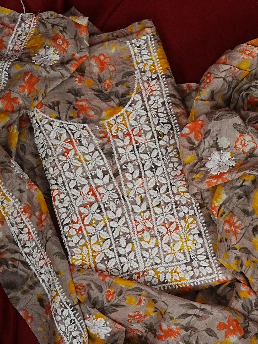 Ada Hand Embroidered Grey Floral Printed Cotton Chikankari Unstitched Kurta Dupatta Set 01A603416