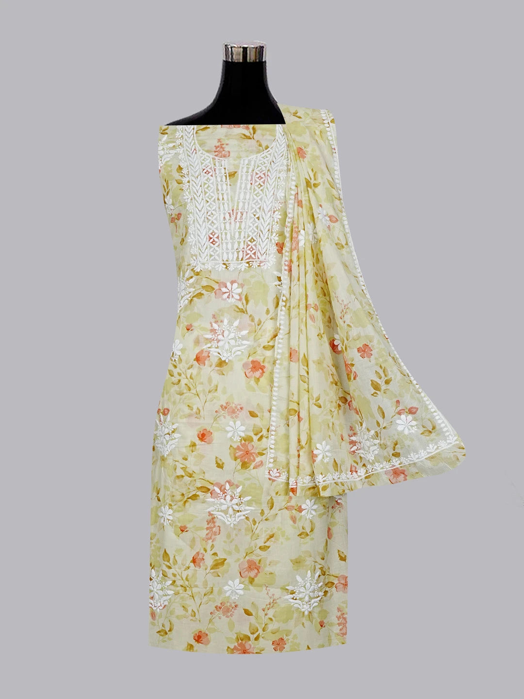 Ada Hand Embroidered Lemon Yellow Floral Printed Cotton Chikankari Unstitched Kurta Dupatta Set 01A603436