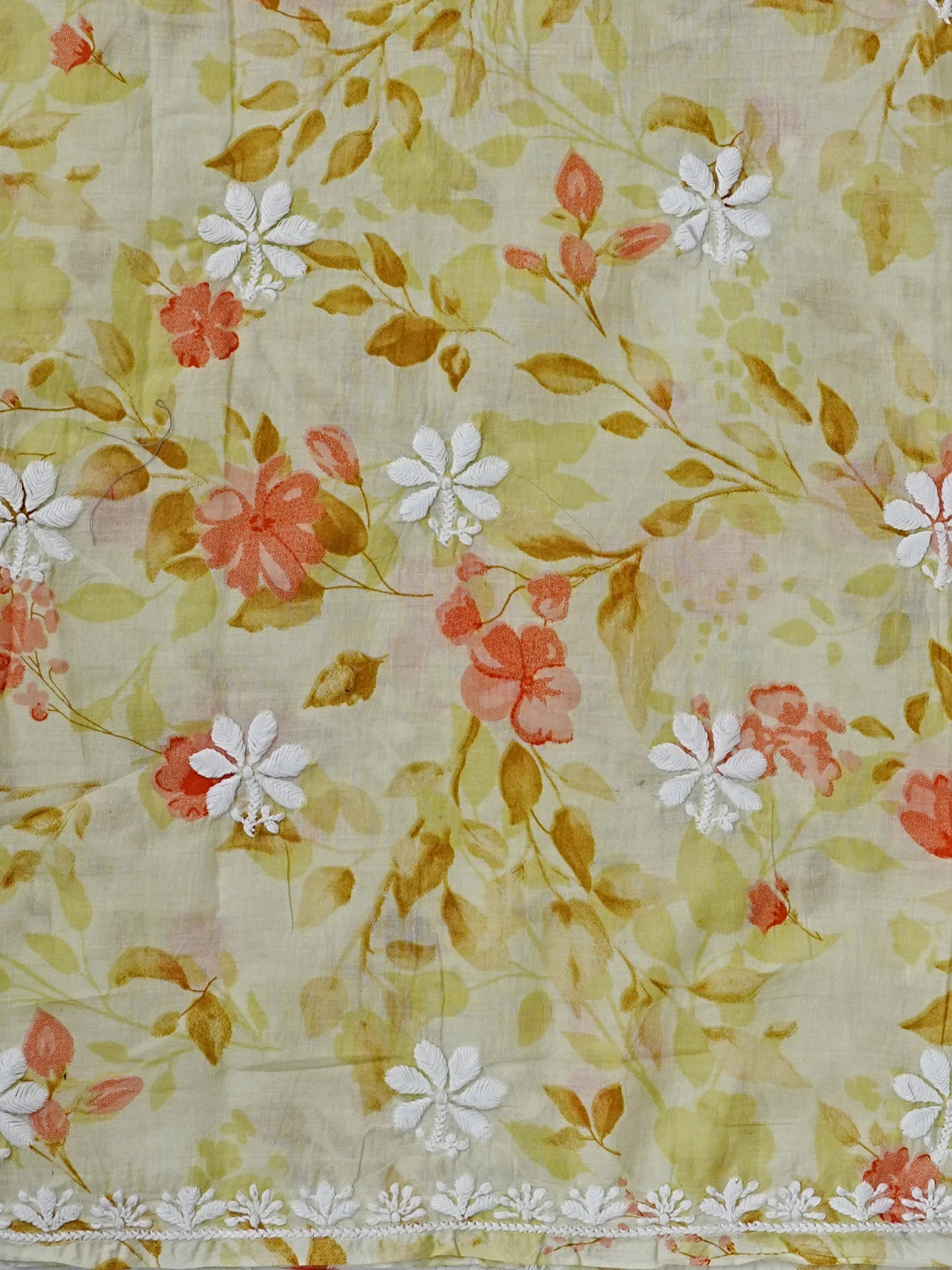 Ada Hand Embroidered Lemon Yellow Floral Printed Cotton Chikankari Unstitched Kurta Dupatta Set 01A603436