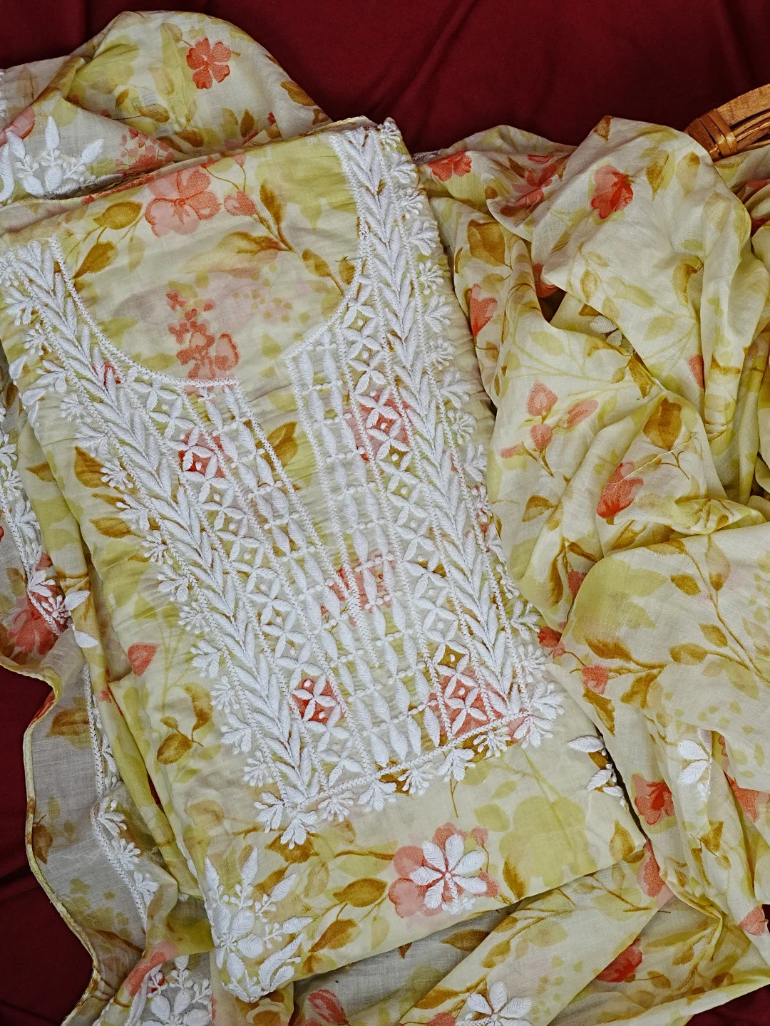 Ada Hand Embroidered Lemon Yellow Floral Printed Cotton Chikankari Unstitched Kurta Dupatta Set 01A603436
