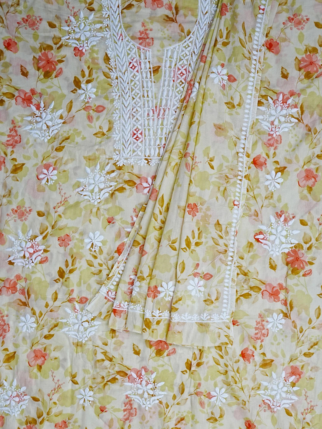 Ada Hand Embroidered Lemon Yellow Floral Printed Cotton Chikankari Unstitched Kurta Dupatta Set 01A603436