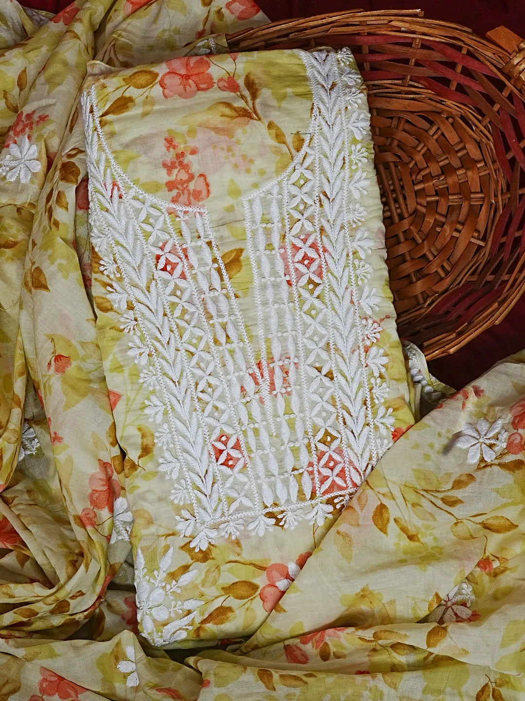 Ada Hand Embroidered Lemon Yellow Floral Printed Cotton Chikankari Unstitched Kurta Dupatta Set 01A603436
