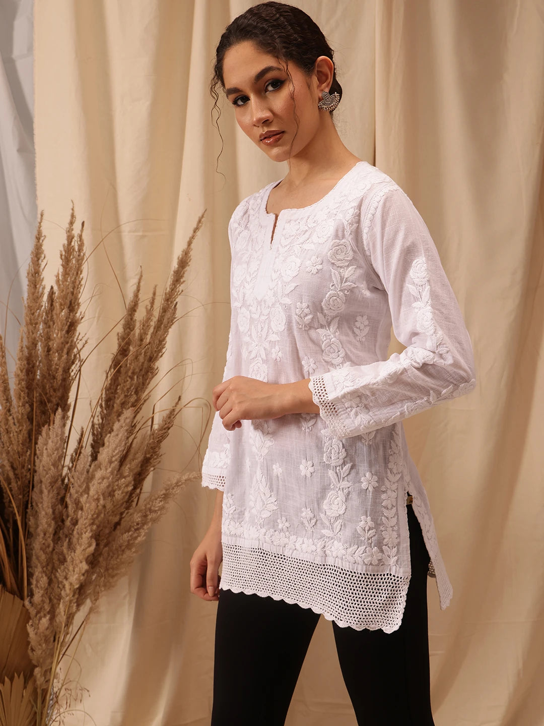 Ada Hand Embroidered White Cotton Lucknowi Chikankari Short Kurti 01A562696