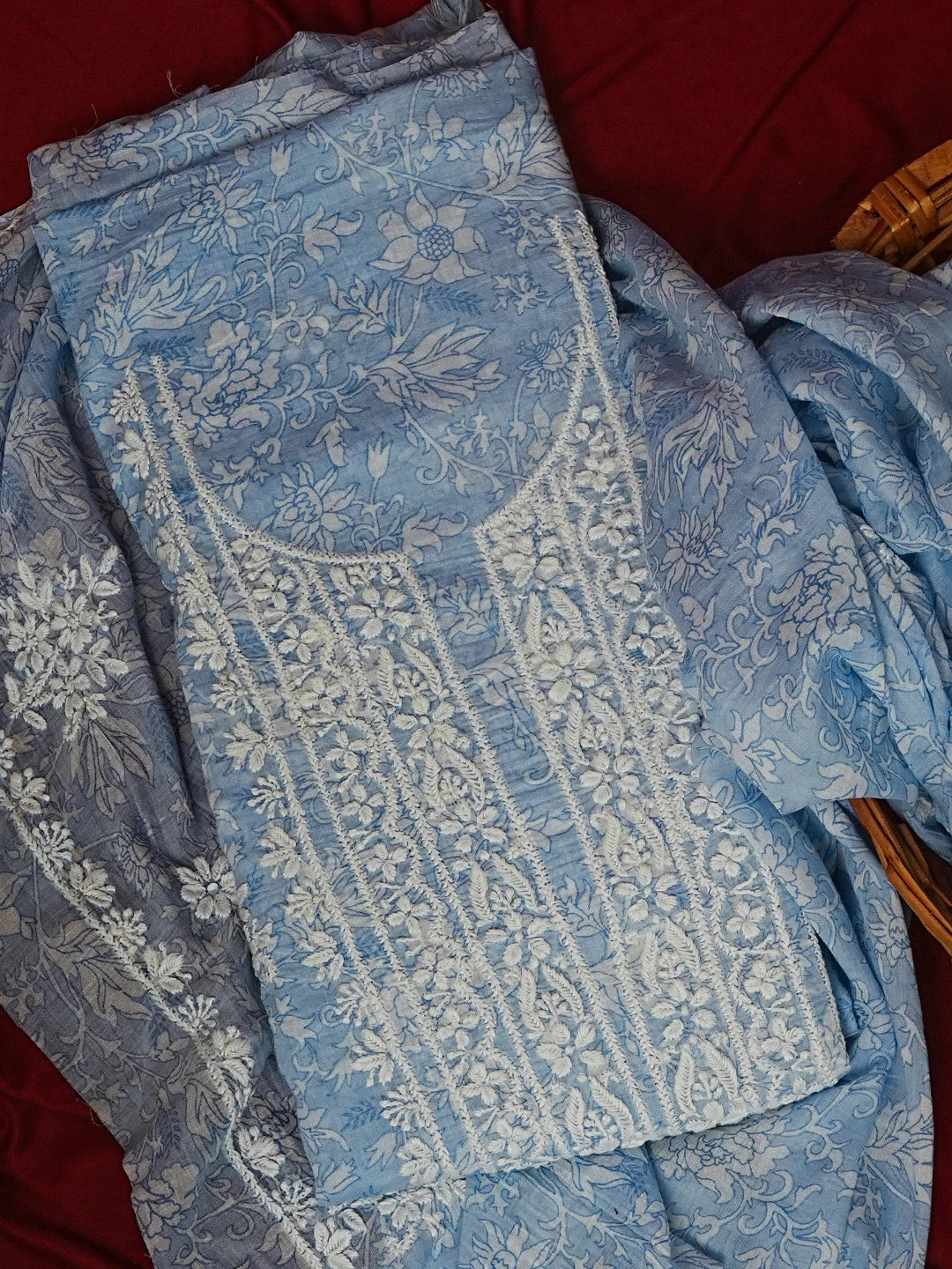 Ada Hand Embroidered Mauve Floral Printed Cotton Chikankari Unstitched Kurta Dupatta Set 01A603454