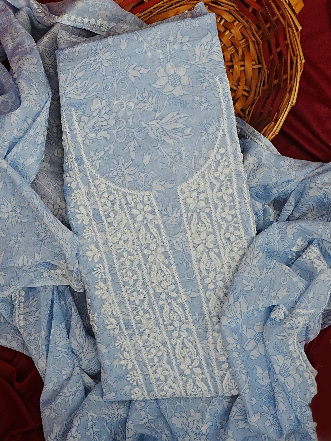 Ada Hand Embroidered Mauve Floral Printed Cotton Chikankari Unstitched Kurta Dupatta Set 01A603454
