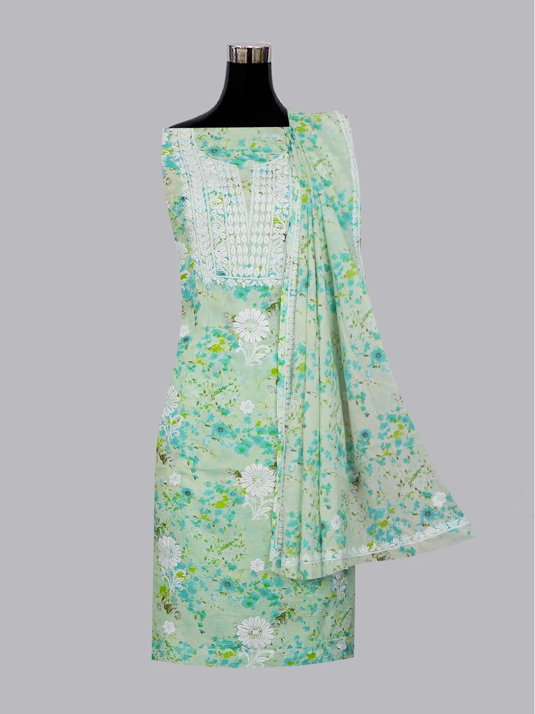 Ada Hand Embroidered Light Green Floral Printed Cotton Chikankari Unstitched Kurta Dupatta Set 01A603465