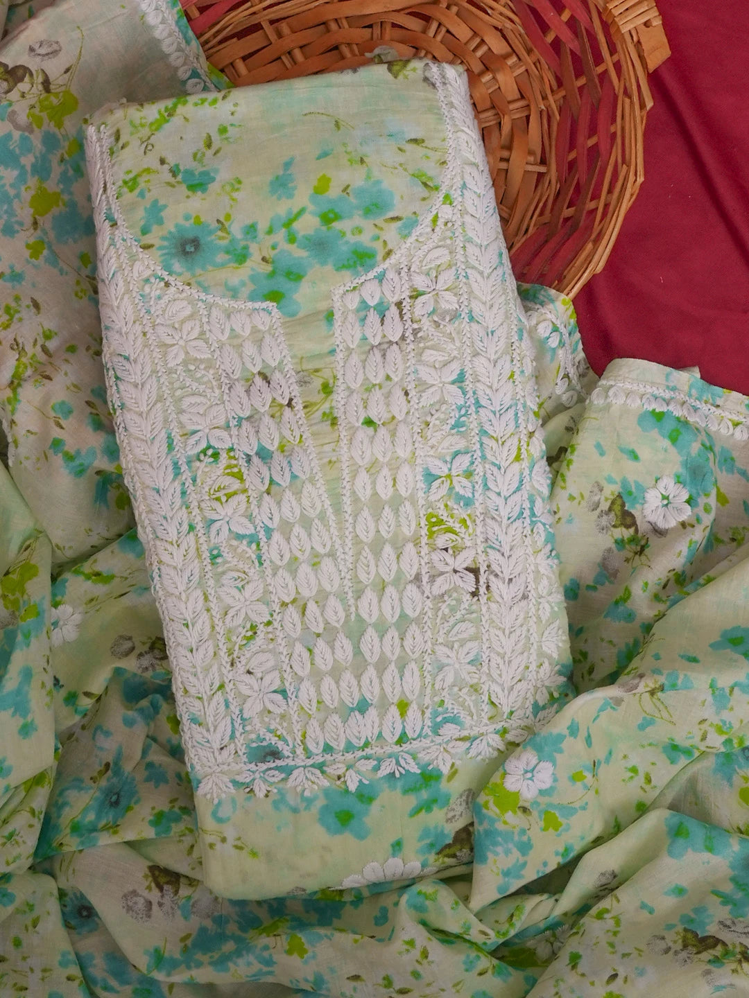 Ada Hand Embroidered Light Green Floral Printed Cotton Chikankari Unstitched Kurta Dupatta Set 01A603465