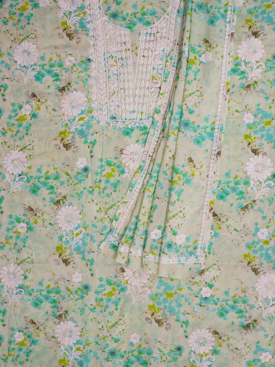 Ada Hand Embroidered Light Green Floral Printed Cotton Chikankari Unstitched Kurta Dupatta Set 01A603465