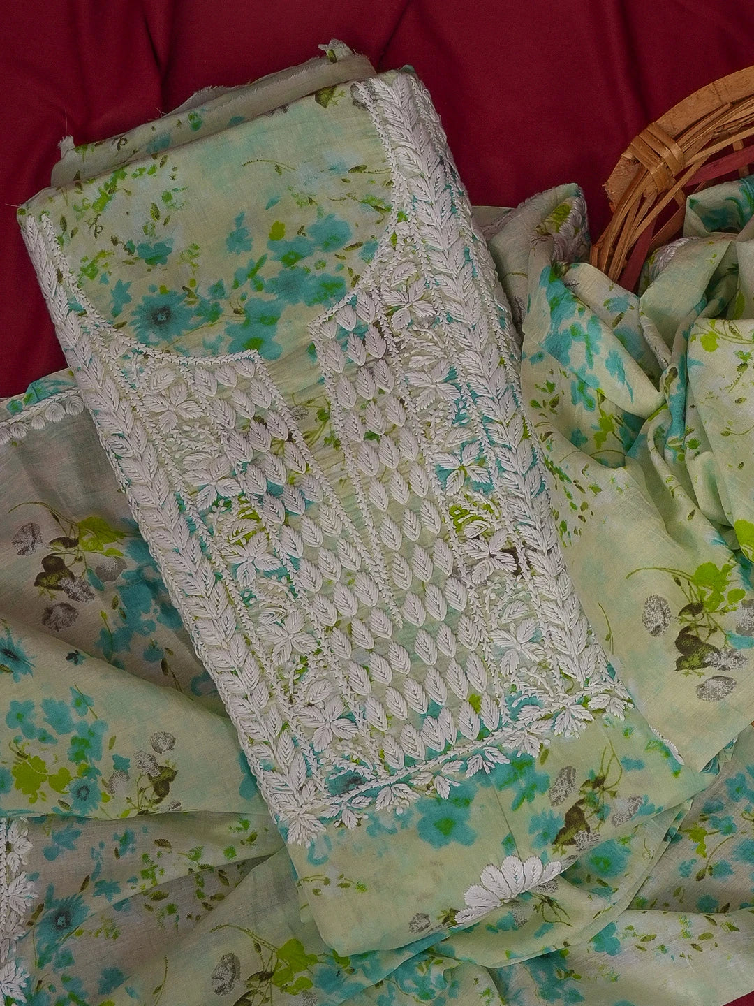 Ada Hand Embroidered Light Green Floral Printed Cotton Chikankari Unstitched Kurta Dupatta Set 01A603465