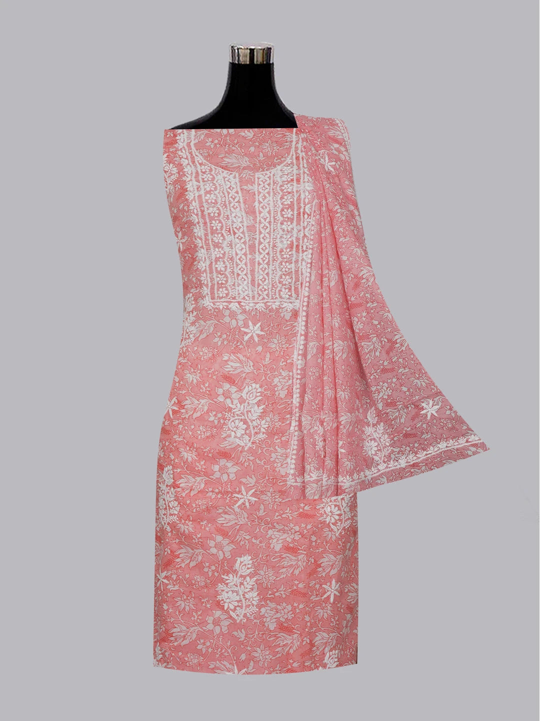 Ada Hand Embroidered Pink Floral Printed Cotton Chikankari Unstitched Kurta Dupatta Set 01A603461