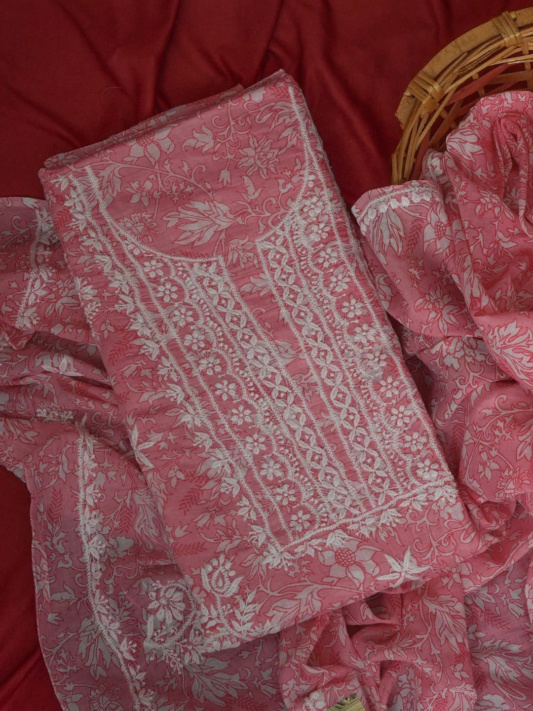Ada Hand Embroidered Pink Floral Printed Cotton Chikankari Unstitched Kurta Dupatta Set 01A603461
