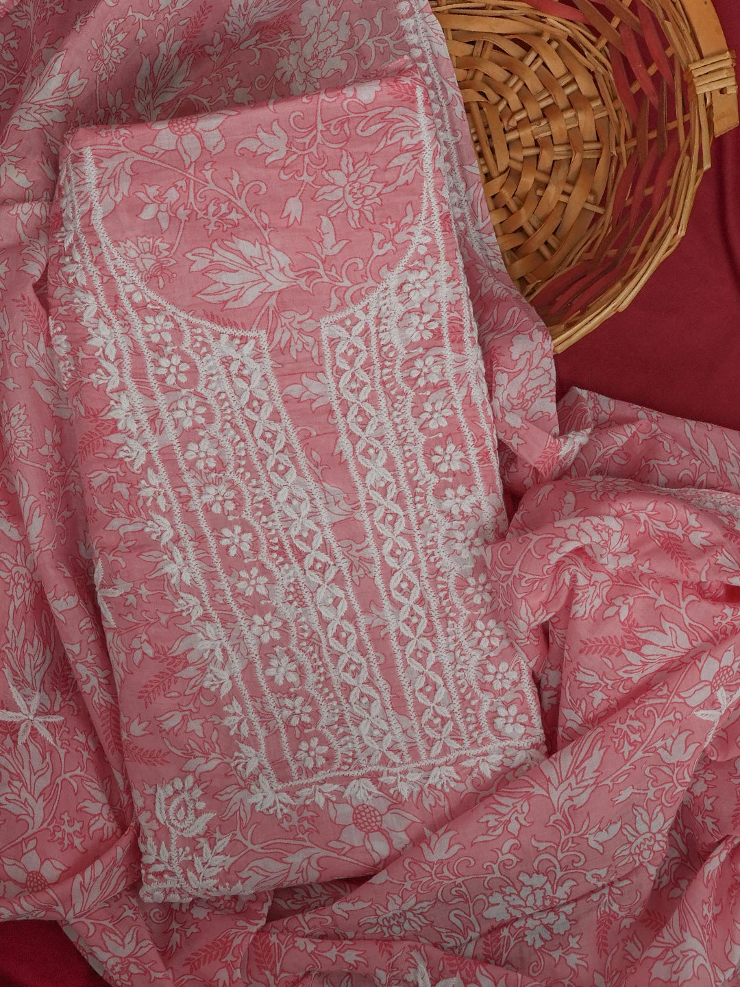 Ada Hand Embroidered Pink Floral Printed Cotton Chikankari Unstitched Kurta Dupatta Set 01A603461