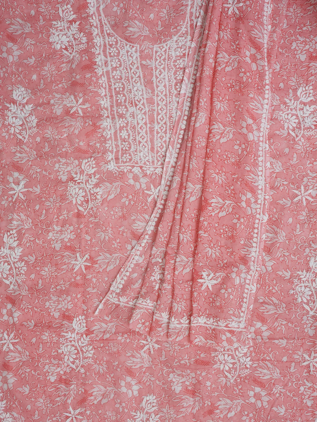 Ada Hand Embroidered Pink Floral Printed Cotton Chikankari Unstitched Kurta Dupatta Set 01A603461