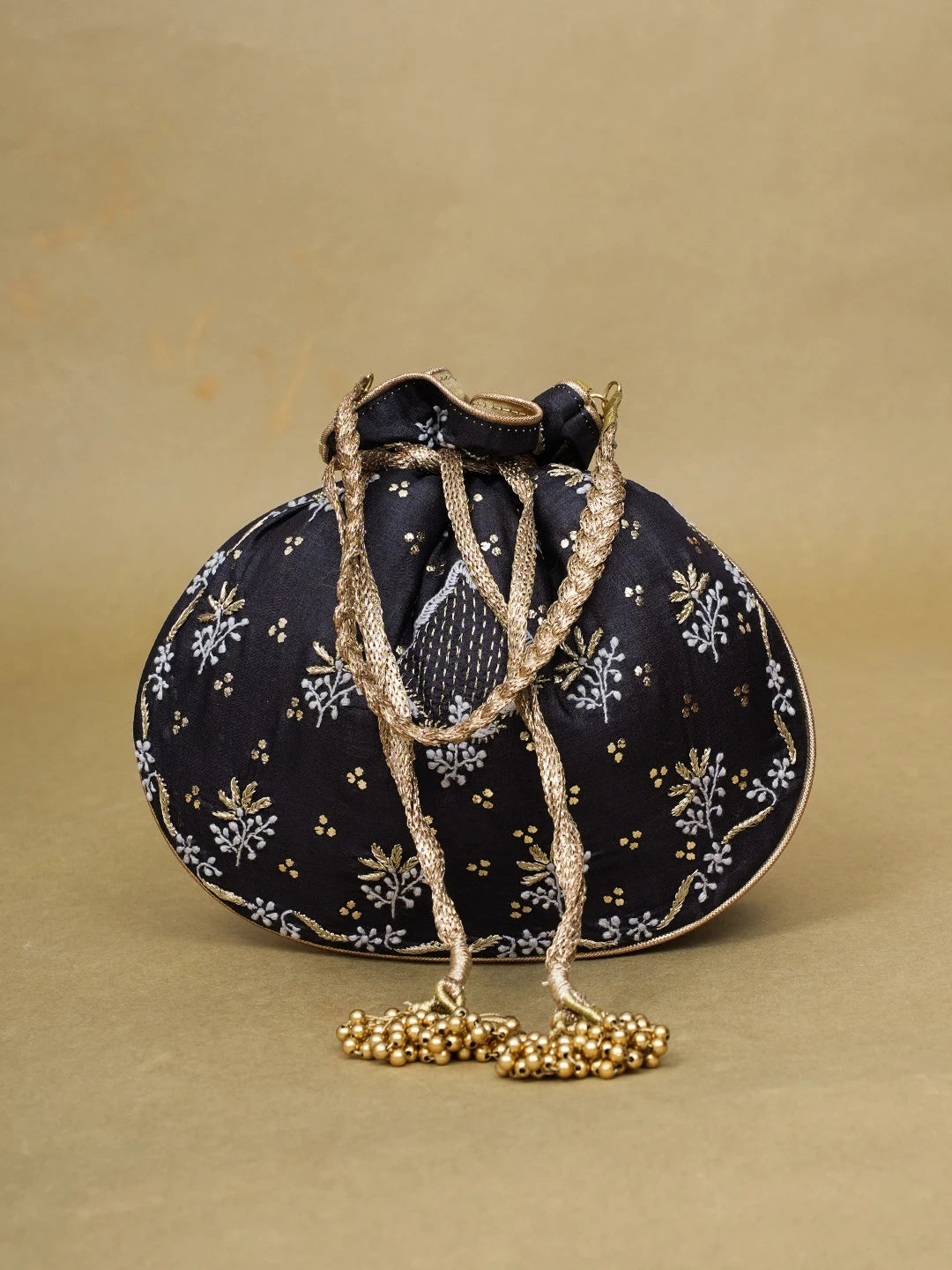 Ada Hand Embroidered Black Silk Lucknowi Chikankari Potli Bag with Zari and Mukaish Work 01A600578