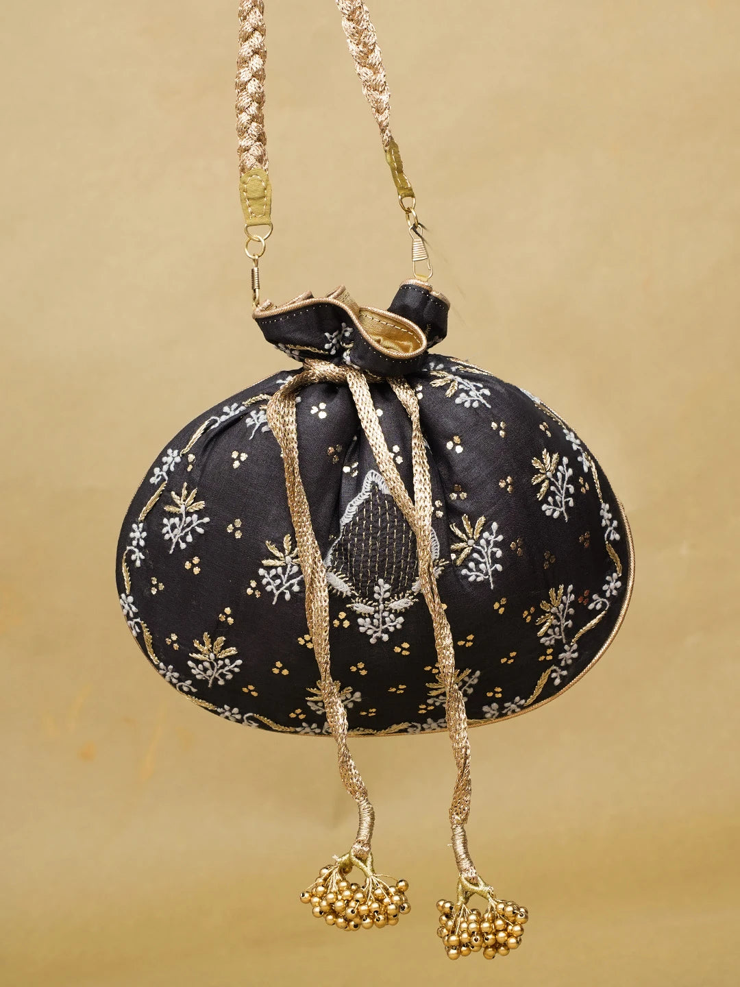 Ada Hand Embroidered Black Silk Lucknowi Chikankari Potli Bag with Zari and Mukaish Work 01A600578