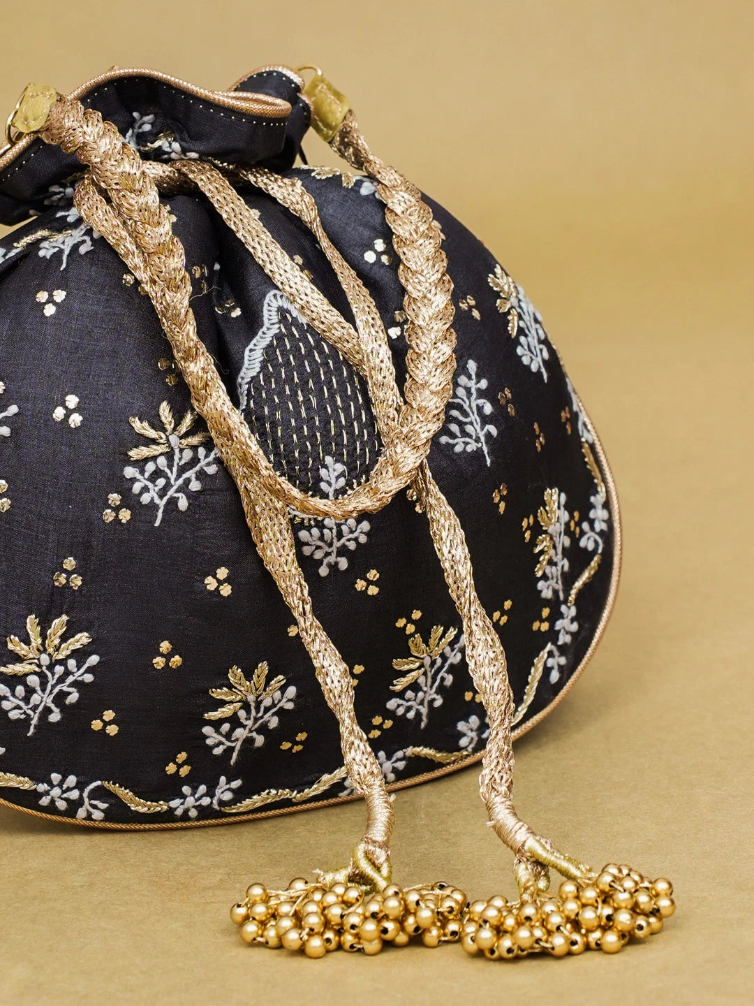 Ada Hand Embroidered Black Silk Lucknowi Chikankari Potli Bag with Zari and Mukaish Work 01A600578