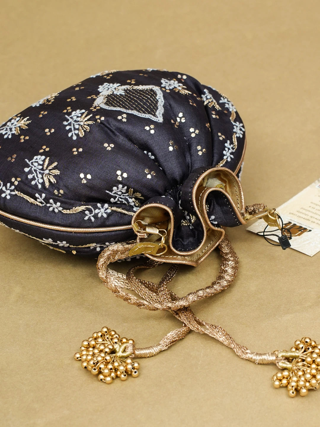 Ada Hand Embroidered Black Silk Lucknowi Chikankari Potli Bag with Zari and Mukaish Work 01A600578